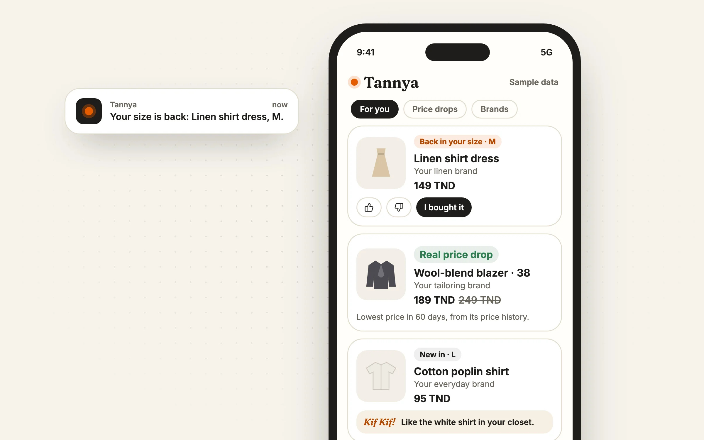 A conceptual Tannya alerts screen with sample data: a linen dress back in stock in size M, a real price drop on a blazer measured against its price history, and a new shirt flagged as similar to one already in the closet.
