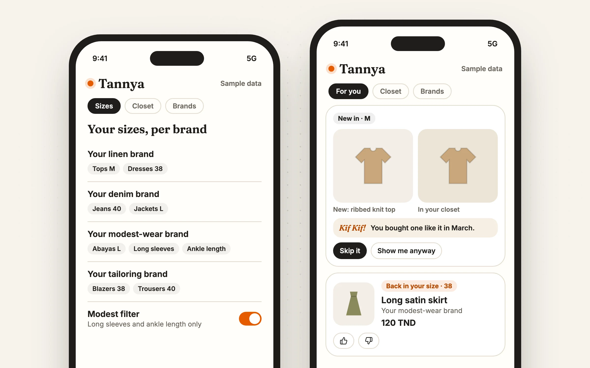 Two conceptual Tannya screens with sample data: saved sizes per brand with a modest filter, and a “Kif Kif” note saying a new top looks like one already in the closet.